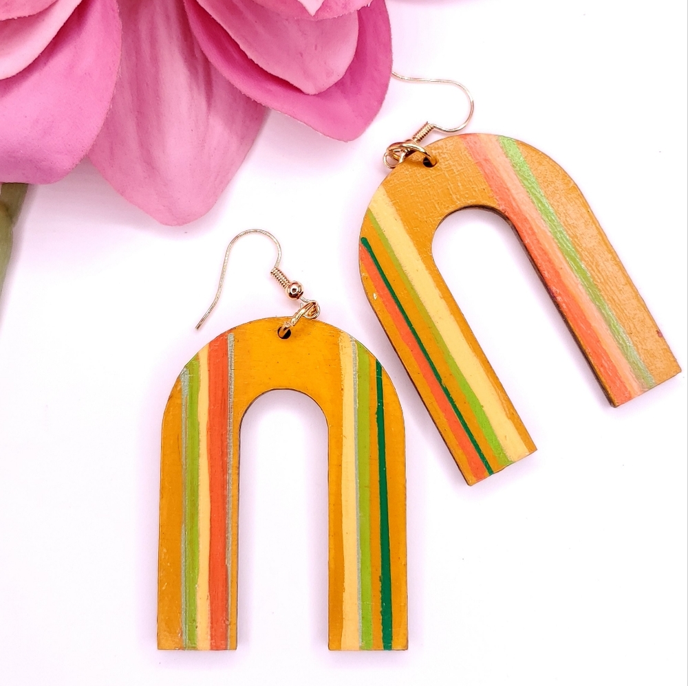 Striped Wooden Earrings, 2 inch arch,Handpainted mustard artisan,lightwe…